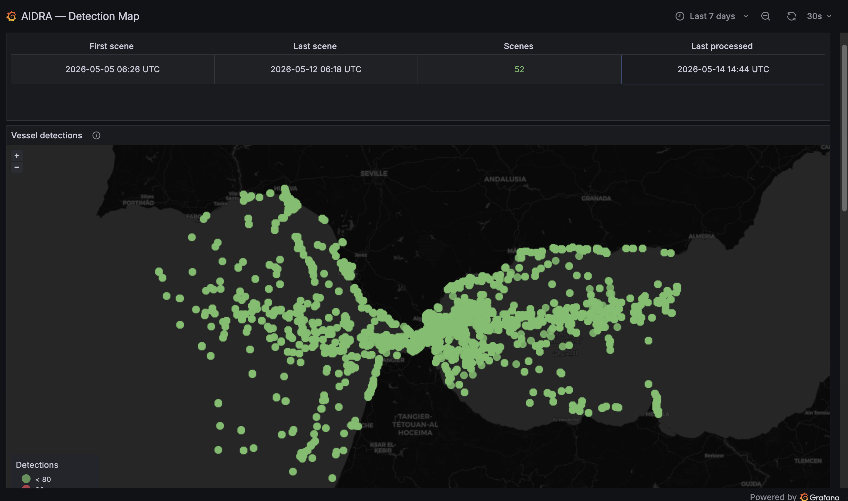 Every green dot is an AI-detected vessel, weeks of Sentinel-1 SAR over the Strait of Gibraltar Vessel detections, Strait of Gibraltar